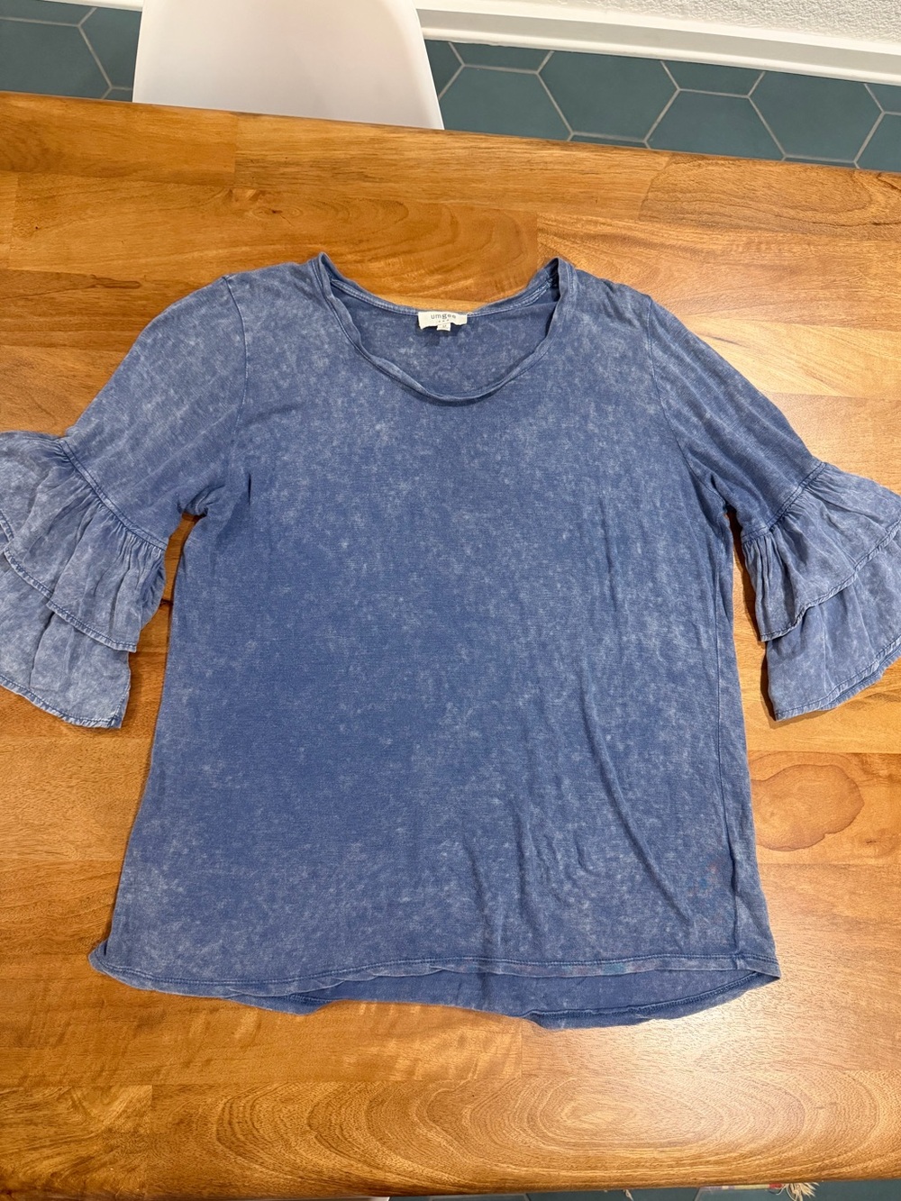 Umgee Washed Blue Ruffle Sleeve Blouse Size Medium